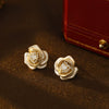 Women's Copper Threedimensional Geometric Camellia Enamel Electroplated Earrings With Pearl Stamen