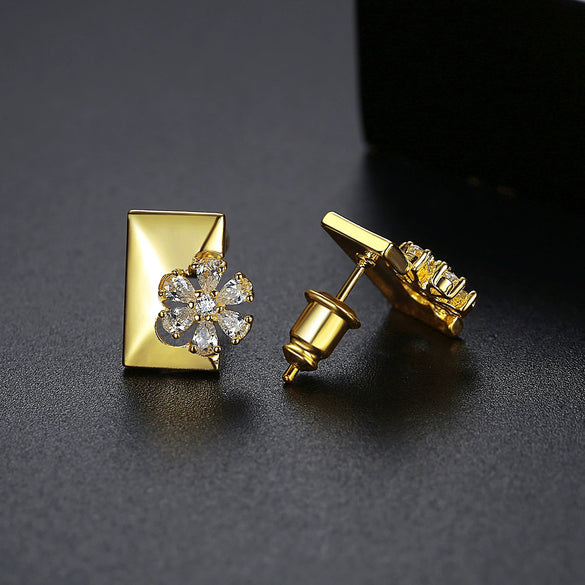 Women's Copper Water Drop Flower Earrings With Zircon Inlay And Electroplated Finish Fashion Jewelry Wholesale