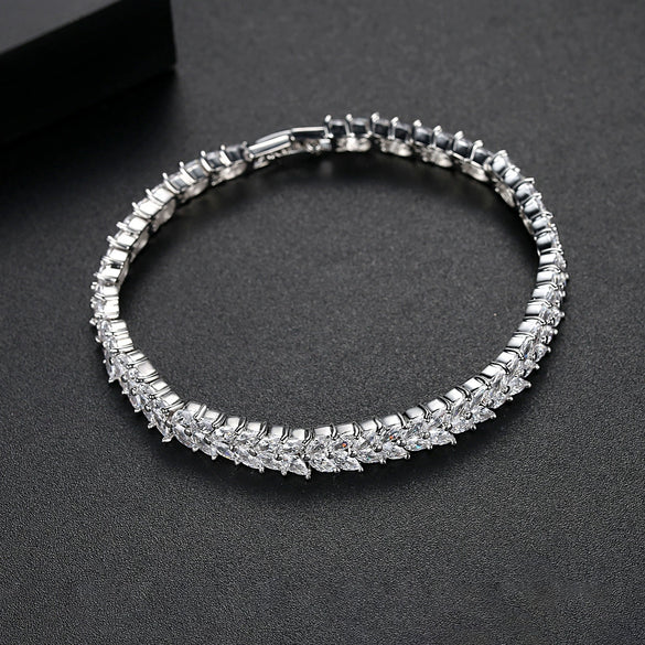 Women's Copper Wheat Ear Bracelet With Zircon Crystal Flower And Geometric Design Electroplated Fashion Jewelry