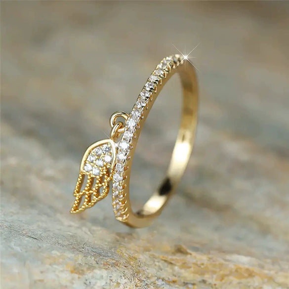 Women's Copper Wing Feather Ring Inlaid With Zircon Geometric Style Jewelry