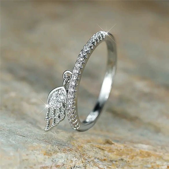 Women's Copper Wing Feather Ring Inlaid With Zircon Geometric Style Jewelry