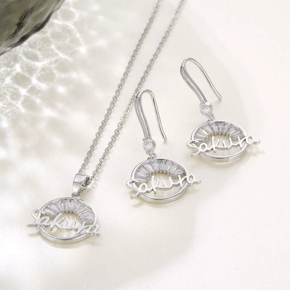 Women's Copper Zircon Alphabet Pendant Necklace And Earrings Set With Round Letter Chain Design Micro Inlay Jewelry