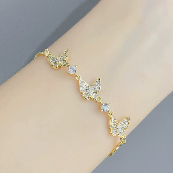 Women's Copper Zircon Butterfly Bracelet With Geometric Design Electroplated Finish And Adjustable Pull Closure