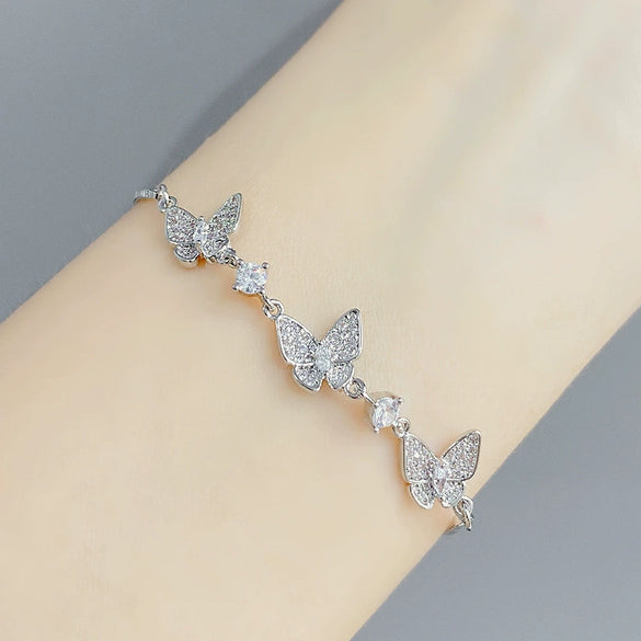 Women's Copper Zircon Butterfly Bracelet With Geometric Design Electroplated Finish And Adjustable Pull Closure