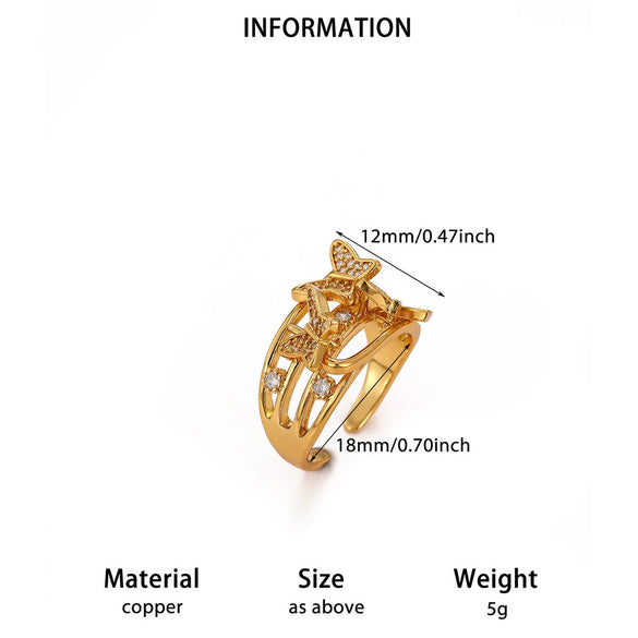 Women's Copper Zircon Butterfly Open Ring With Cute Animal Design And Gold Plated Finish Wholesale Fashion Jewelry