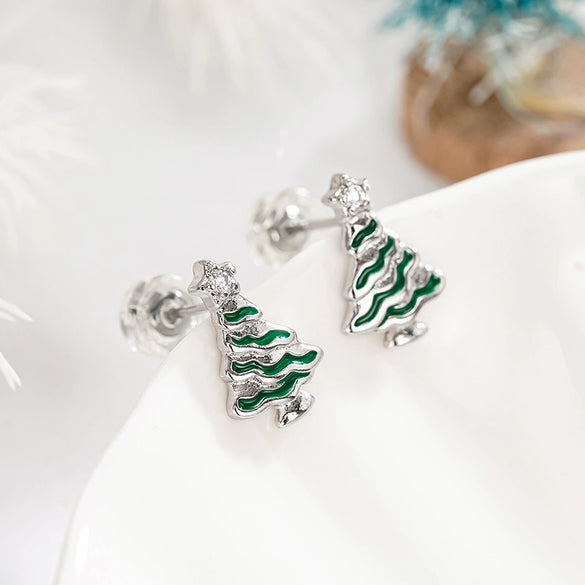 Women's Copper Zircon Christmas Tree Earrings With Geometric Star Design Holiday Jewelry