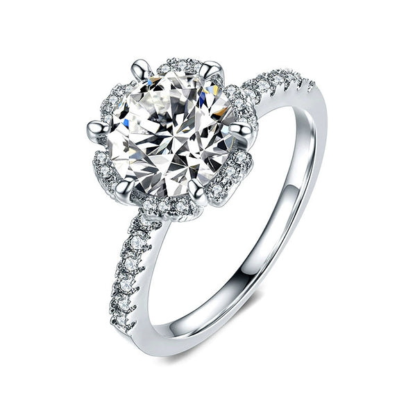 Women's Copper Zircon Flower Ring Simple Light Luxury Imitation Moissanite Style Engagement Wedding Jewelry
