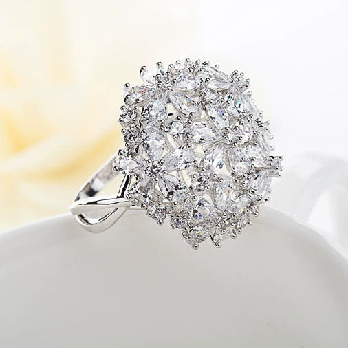 Women's Copper Zircon Flower Ring With Palace Style Sparkling Inlay And Statement Design