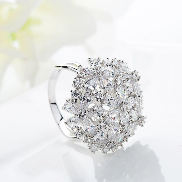 Women's Copper Zircon Flower Ring With Palace Style Sparkling Inlay And Statement Design
