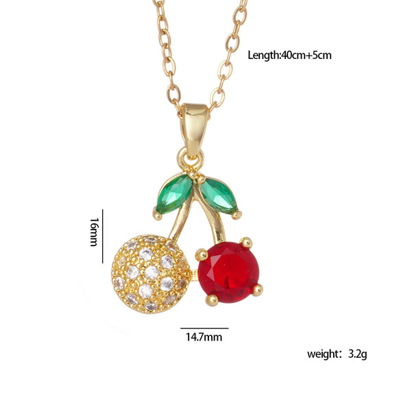 Women's Copper Zircon Fruit Red Cherry Pendant Necklace With Electroplating And Mixed Gemstone Inlay