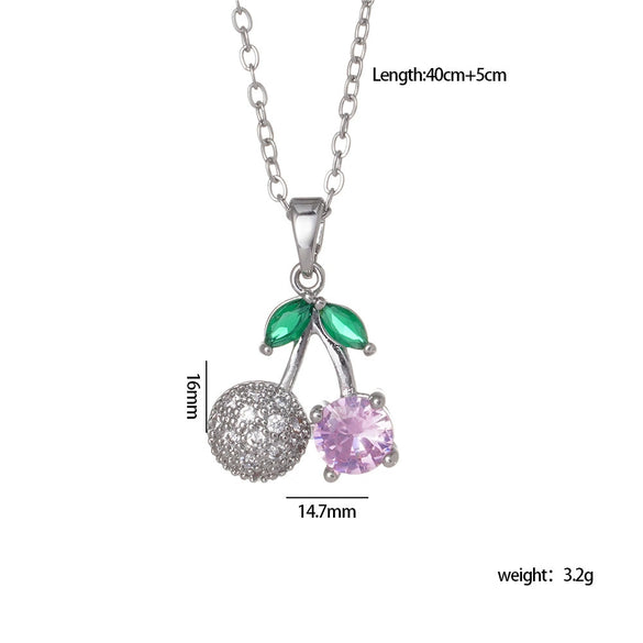 Women's Copper Zircon Fruit Red Cherry Pendant Necklace With Electroplating And Mixed Gemstone Inlay