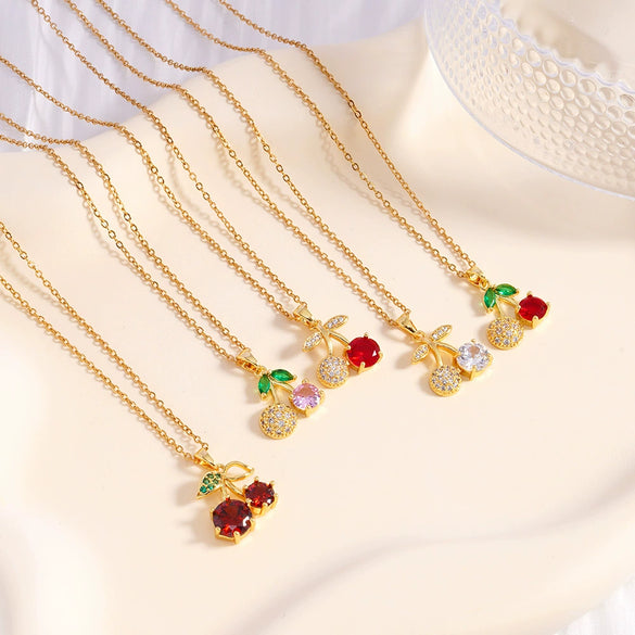 Women's Copper Zircon Fruit Red Cherry Pendant Necklace With Electroplating And Mixed Gemstone Inlay