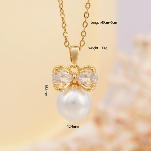 Women's Copper Zircon Necklace With Bow Pearl Pendant Electroplating Mixed Gemstone Inlay Light Luxury Design