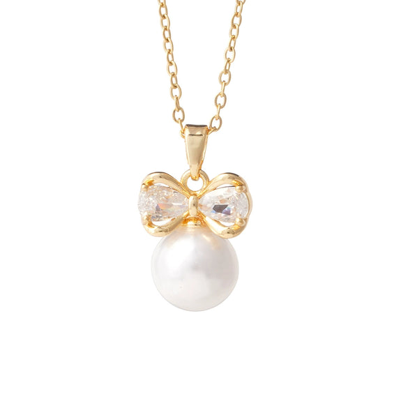 Women's Copper Zircon Necklace With Bow Pearl Pendant Electroplating Mixed Gemstone Inlay Light Luxury Design