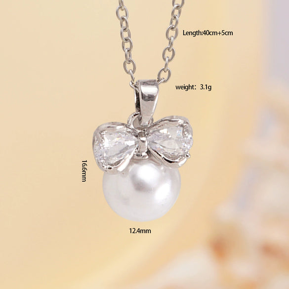 Women's Copper Zircon Necklace With Bow Pearl Pendant Electroplating Mixed Gemstone Inlay Light Luxury Design