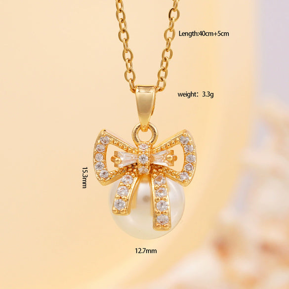 Women's Copper Zircon Necklace With Bow Pearl Pendant Electroplating Mixed Gemstone Inlay Light Luxury Design