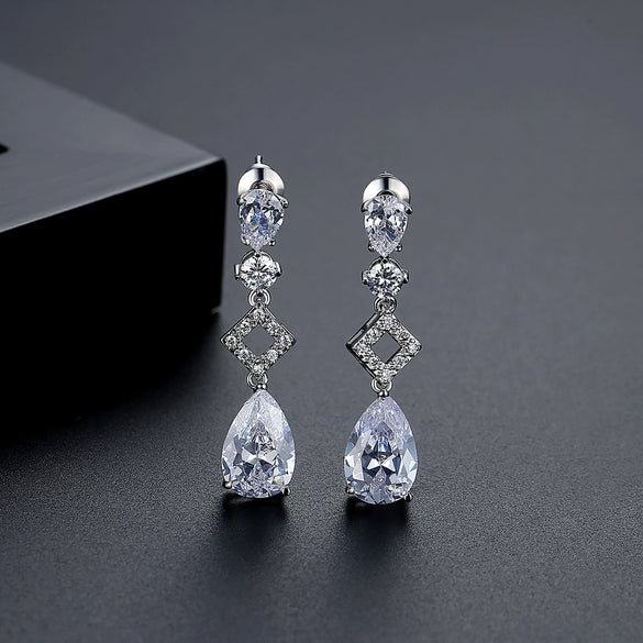 Women's Copper Zircon Water Drop Earrings With Geometric Long Square Design For Bridal And Evening Wear