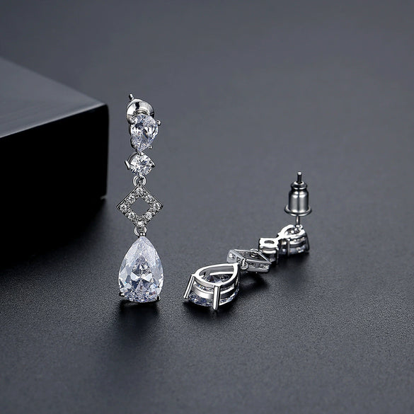Women's Copper Zircon Water Drop Earrings With Geometric Long Square Design For Bridal And Evening Wear