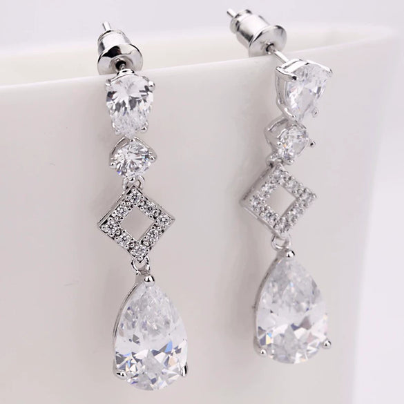 Women's Copper Zircon Water Drop Earrings With Geometric Long Square Design For Bridal And Evening Wear