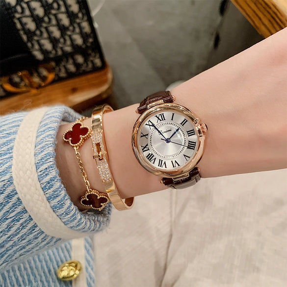 Women's Couple Quartz Watch Alloy Case Leather And Alloy Strap Round Dial Retro Roman Scale Leisure Style
