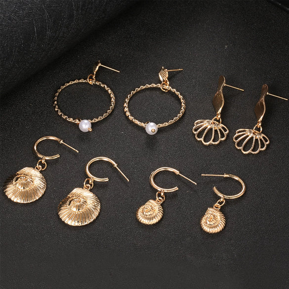 Women's Creative Alloy Earrings Set With Pearl Starfish Shell And Conch Motifs Electroplated Floral Style Inlaid With Artificial Gemstones