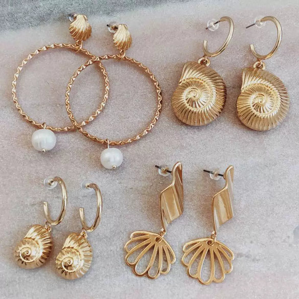 Women's Creative Natural Pearl Starfish Shell Conch Earrings Set Alloy Electroplated Dangle Earrings Ocean Inspired Jewelry