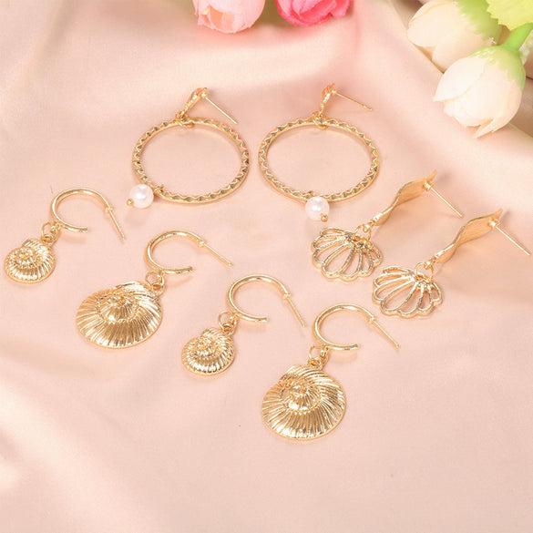 Women's Creative Natural Pearl Starfish Shell Conch Earrings Set Alloy Electroplated Dangle Earrings Ocean Inspired Jewelry