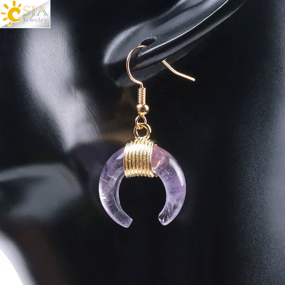 Women's Crescent Moon Natural Stone And Alloy Hook Earrings With Electroplated Winding Design