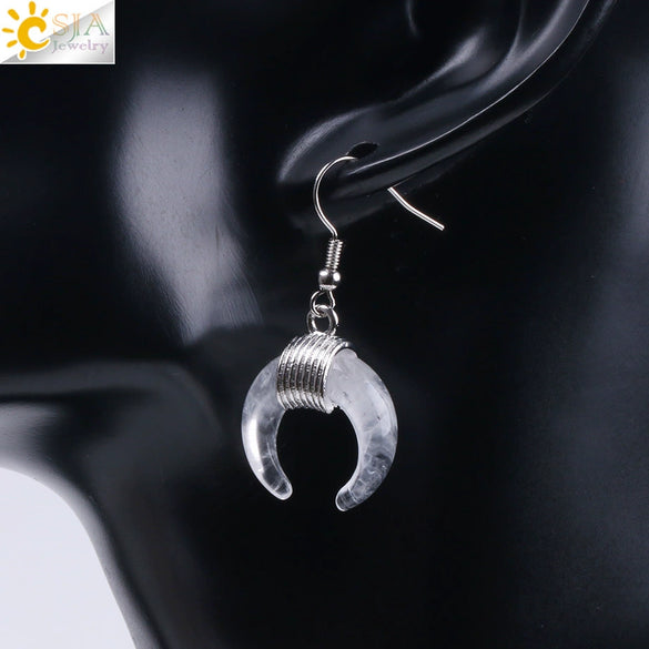 Women's Crescent Moon Natural Stone And Alloy Hook Earrings With Electroplated Winding Design