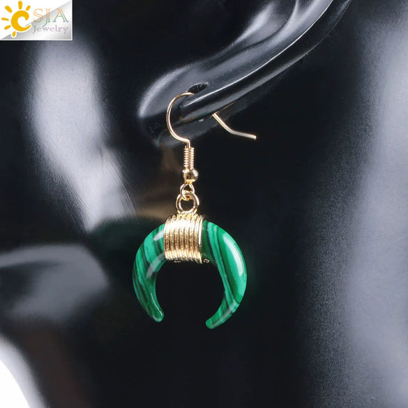 Women's Crescent Moon Natural Stone And Alloy Hook Earrings With Electroplated Winding Design