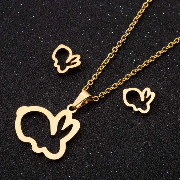 Women's Crown Pattern Stainless Steel Necklace And Earrings Set With Electroplated Finish And O Chain Design