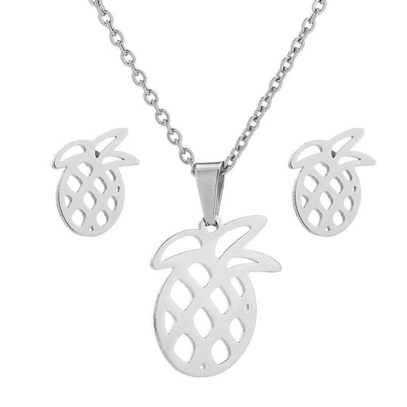 Women's Crown Pattern Stainless Steel Necklace And Earrings Set With Electroplated Finish And O Chain Design