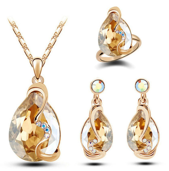 Women's Crystal Dropshaped Jewelry Set With Earrings Necklace And Ring Electroplated Alloy And Bamboo Chain Design