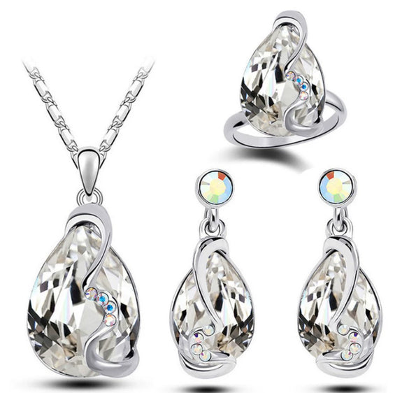 Women's Crystal Dropshaped Jewelry Set With Earrings Necklace And Ring Electroplated Alloy And Bamboo Chain Design