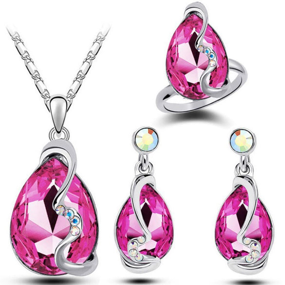 Women's Crystal Dropshaped Jewelry Set With Earrings Necklace And Ring Electroplated Alloy And Bamboo Chain Design