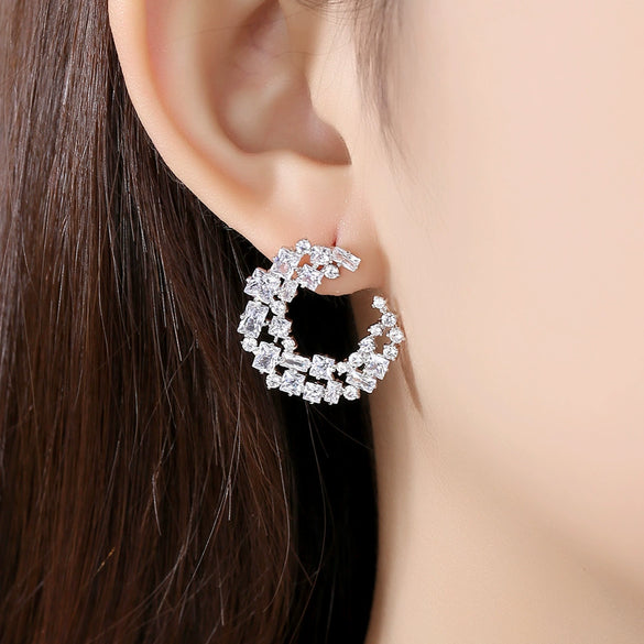 Women's Cshaped Geometric Hoop Earrings In Electroplated Copper With Zircon Inlay And Hollow Fashion Design