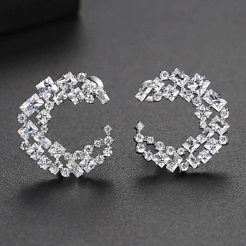 Women's Cshaped Geometric Hoop Earrings In Electroplated Copper With Zircon Inlay And Hollow Fashion Design