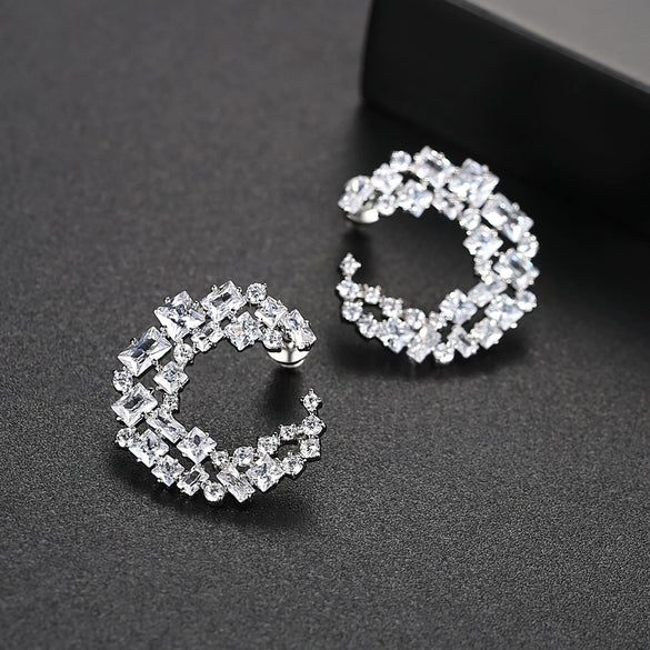 Women's Cshaped Geometric Hoop Earrings In Electroplated Copper With Zircon Inlay And Hollow Fashion Design
