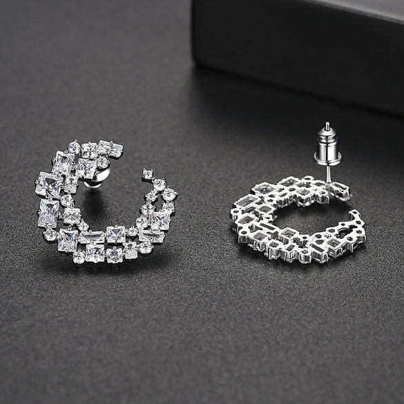 Women's Cshaped Geometric Hoop Earrings In Electroplated Copper With Zircon Inlay And Hollow Fashion Design