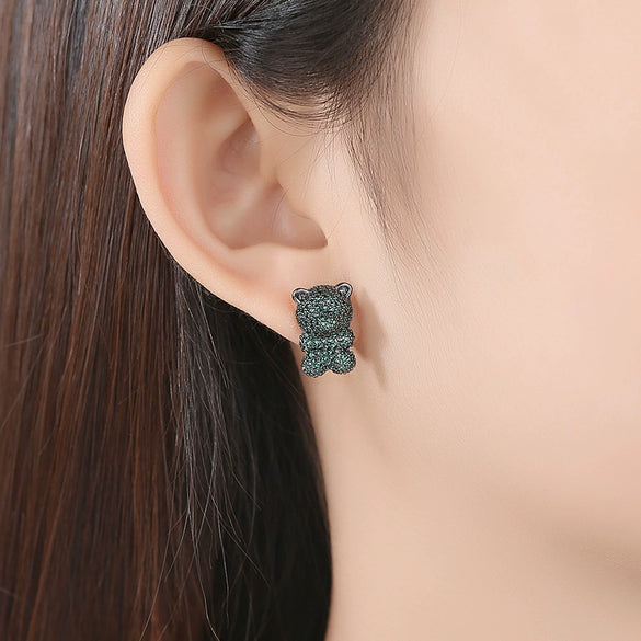 Women's Cute Bear Earrings With Zircon Accents Animalinspired Copper Fashion Jewelry