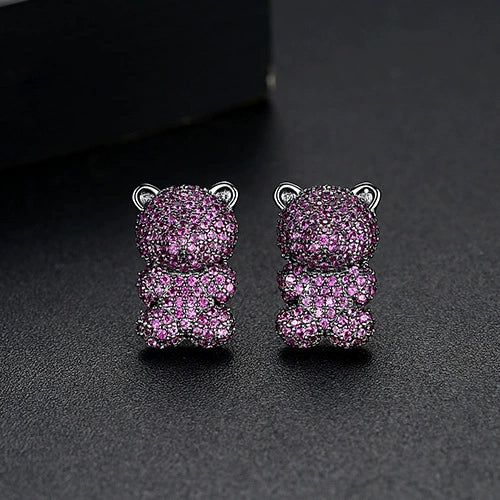 Women's Cute Bear Earrings With Zircon Accents Animalinspired Copper Fashion Jewelry