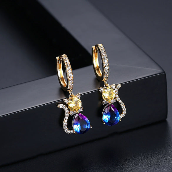 Women's Cute Cat Earrings Electroplated Copper Animal Jewelry With Zircon And Tourmaline Accents Fashion Gift