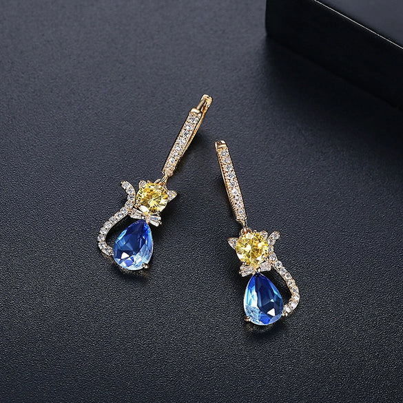 Women's Cute Cat Earrings Electroplated Copper Animal Jewelry With Zircon And Tourmaline Accents Fashion Gift