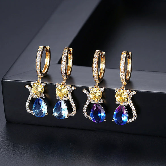 Women's Cute Cat Earrings Electroplated Copper Animal Jewelry With Zircon And Tourmaline Accents Fashion Gift