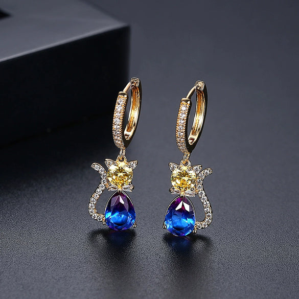 Women's Cute Cat Earrings Electroplated Copper Animal Jewelry With Zircon And Tourmaline Accents Fashion Gift