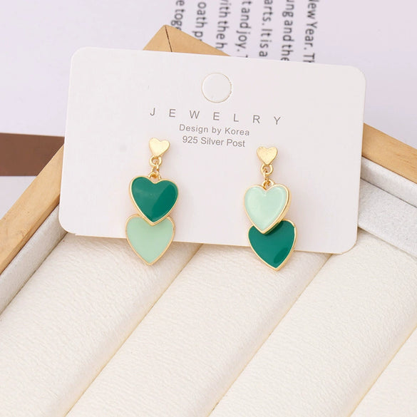 Women's Cute Double Heart Drop Earrings With Alloy Contrast Color Enamel Look And Electroplated Heart Shape Design
