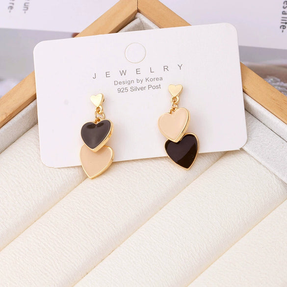 Women's Cute Double Heart Drop Earrings With Alloy Contrast Color Enamel Look And Electroplated Heart Shape Design