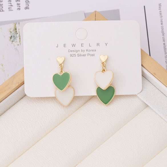 Women's Cute Double Heart Drop Earrings With Alloy Contrast Color Enamel Look And Electroplated Heart Shape Design