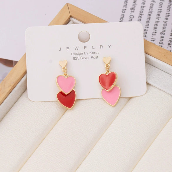 Women's Cute Double Heart Drop Earrings With Alloy Contrast Color Enamel Look And Electroplated Heart Shape Design