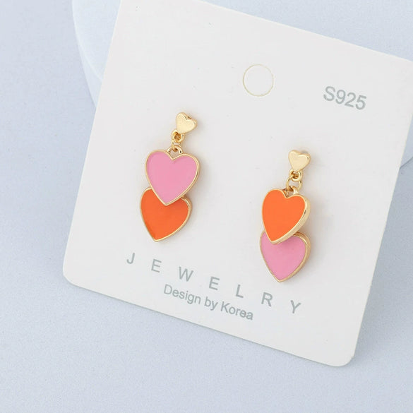 Women's Cute Double Heart Drop Earrings With Alloy Contrast Color Enamel Look And Electroplated Heart Shape Design